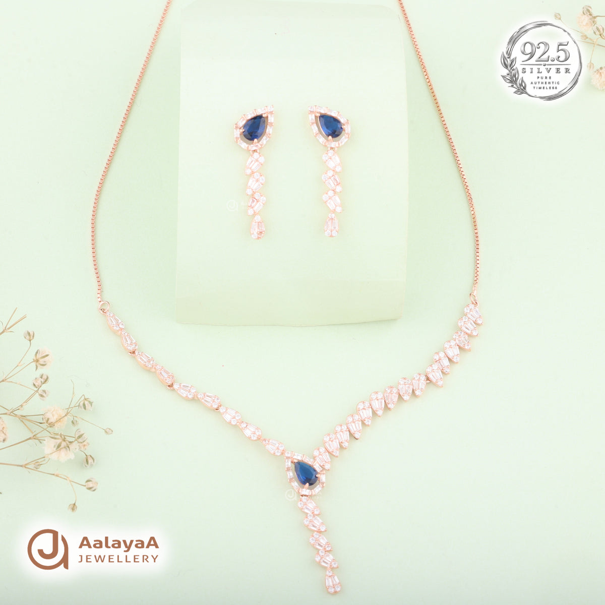 Silver Rose Gold Sapphire Elegance Necklace Set