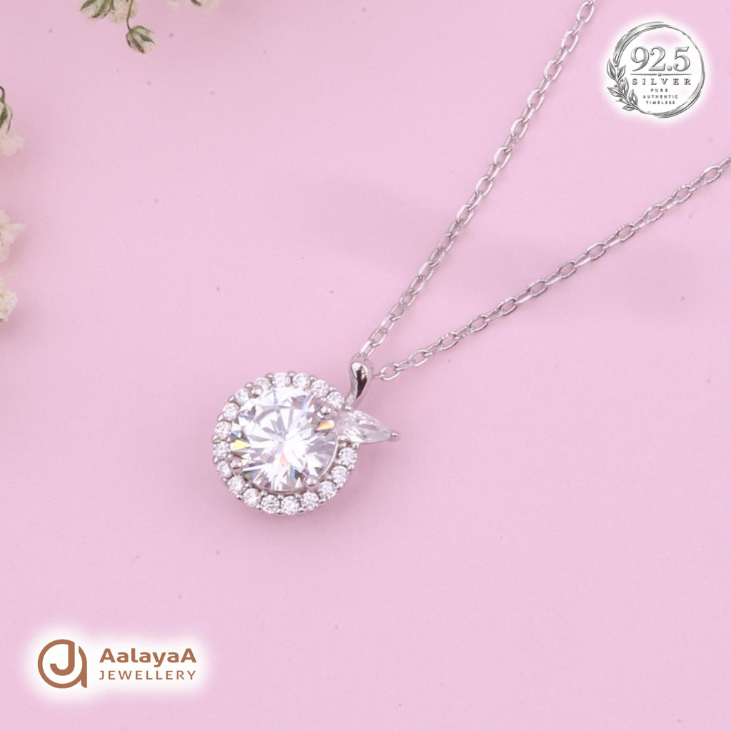 Silver Crystal Halo Leaf Chain Pendant