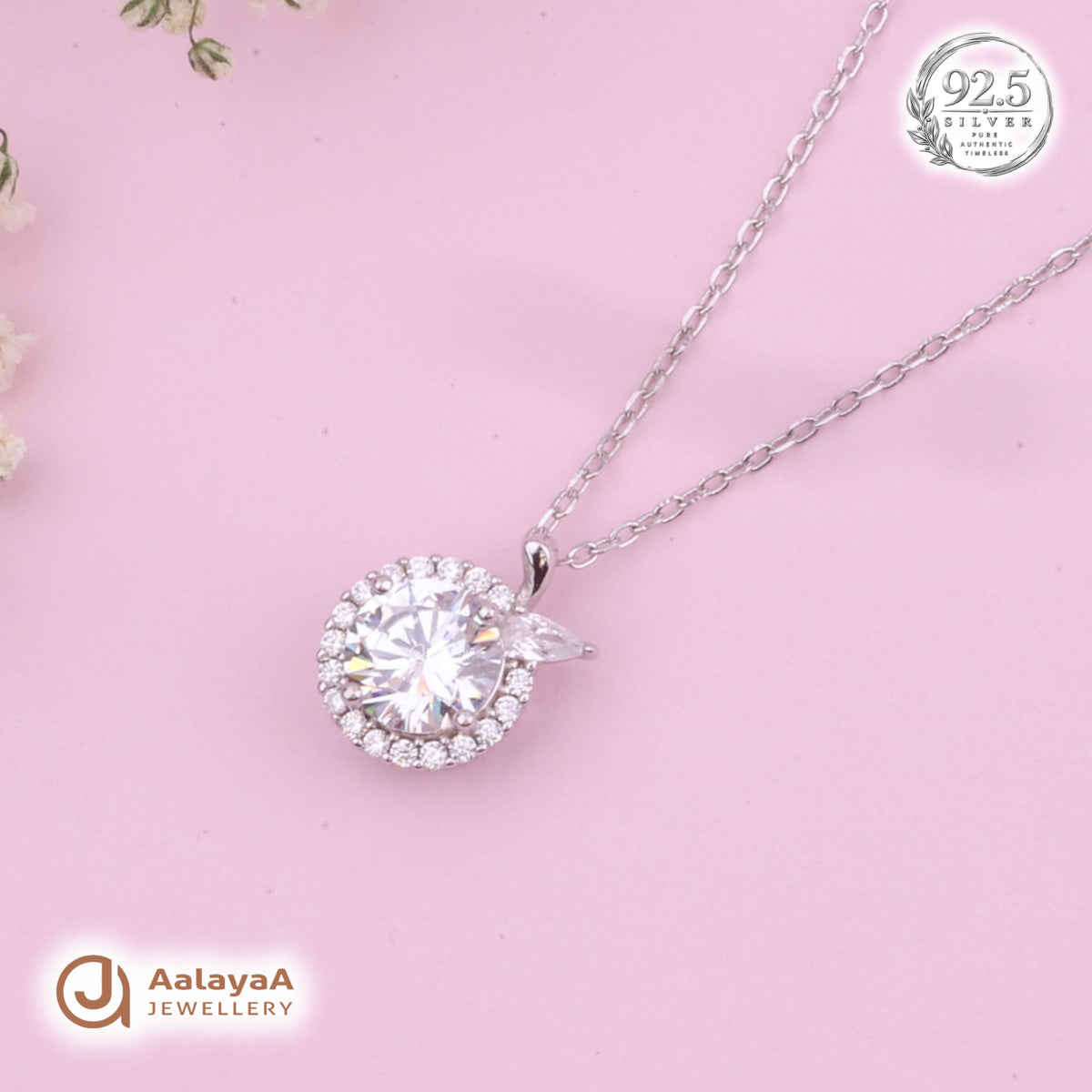 Silver Crystal Halo Leaf Chain Pendant