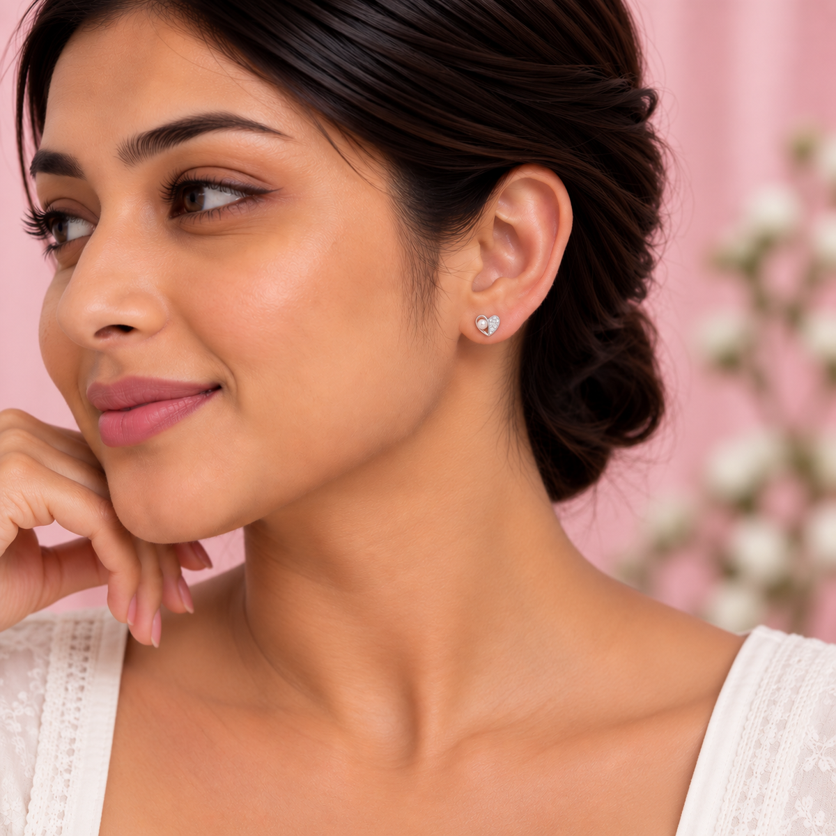 Silver Pearl Heart Earring