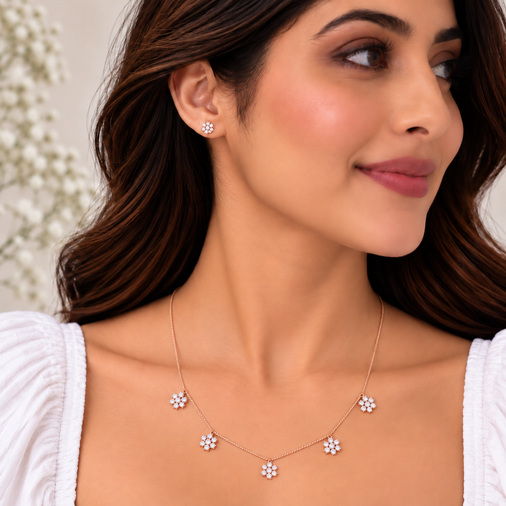 Silver RoseGold Serena Floral Necklace Set
