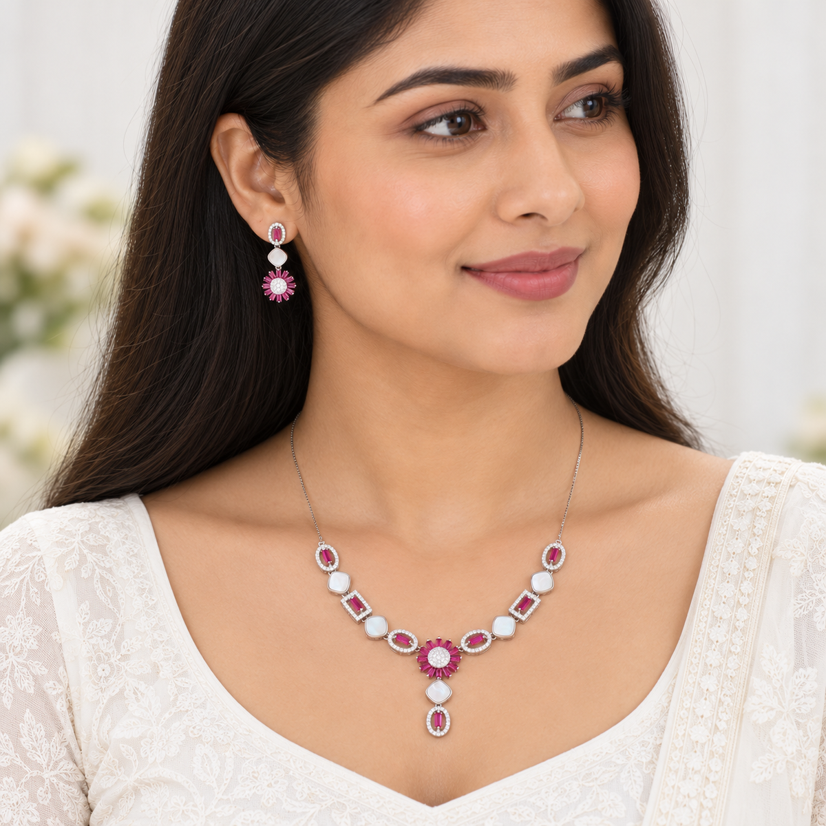 Silver Ruby Radiance Necklace Set