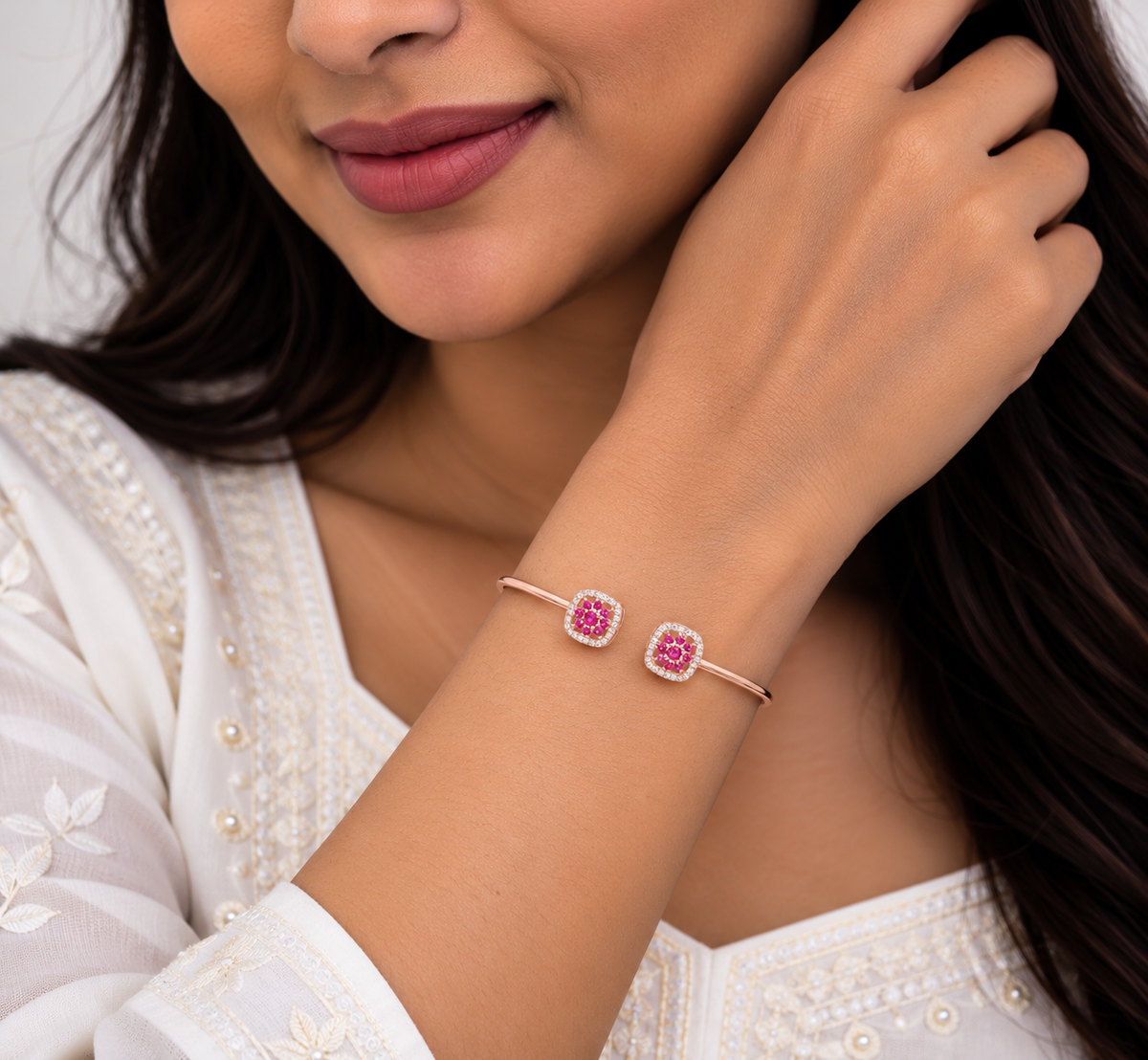 Silver Rosegold Ruby Blossom Kada