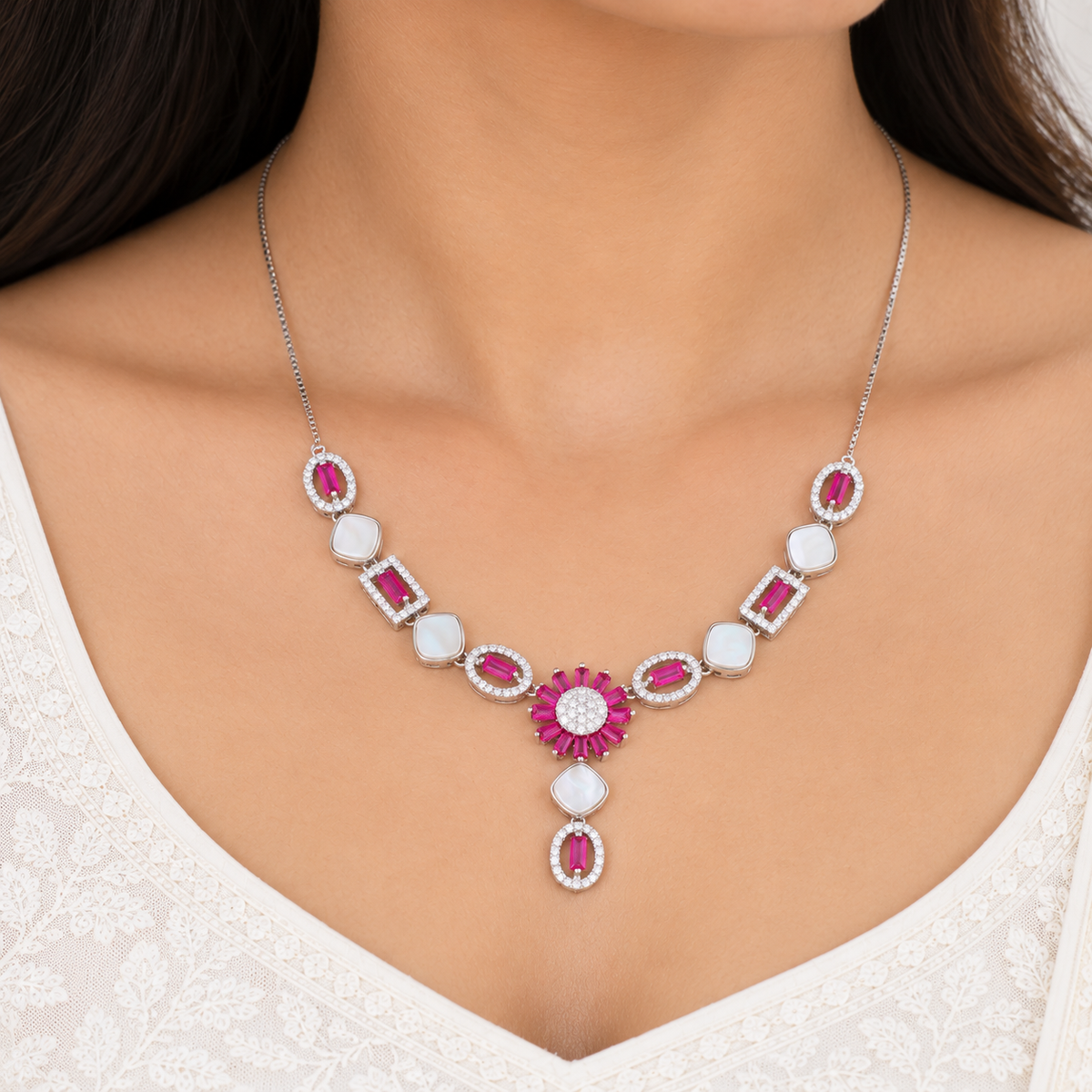 Silver Ruby Radiance Necklace Set