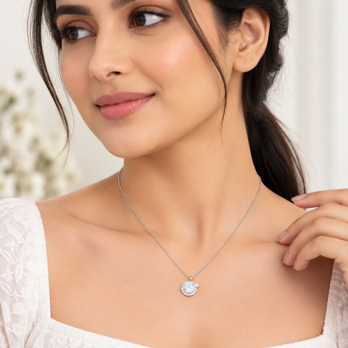 Silver Crystal Halo Leaf Chain Pendant