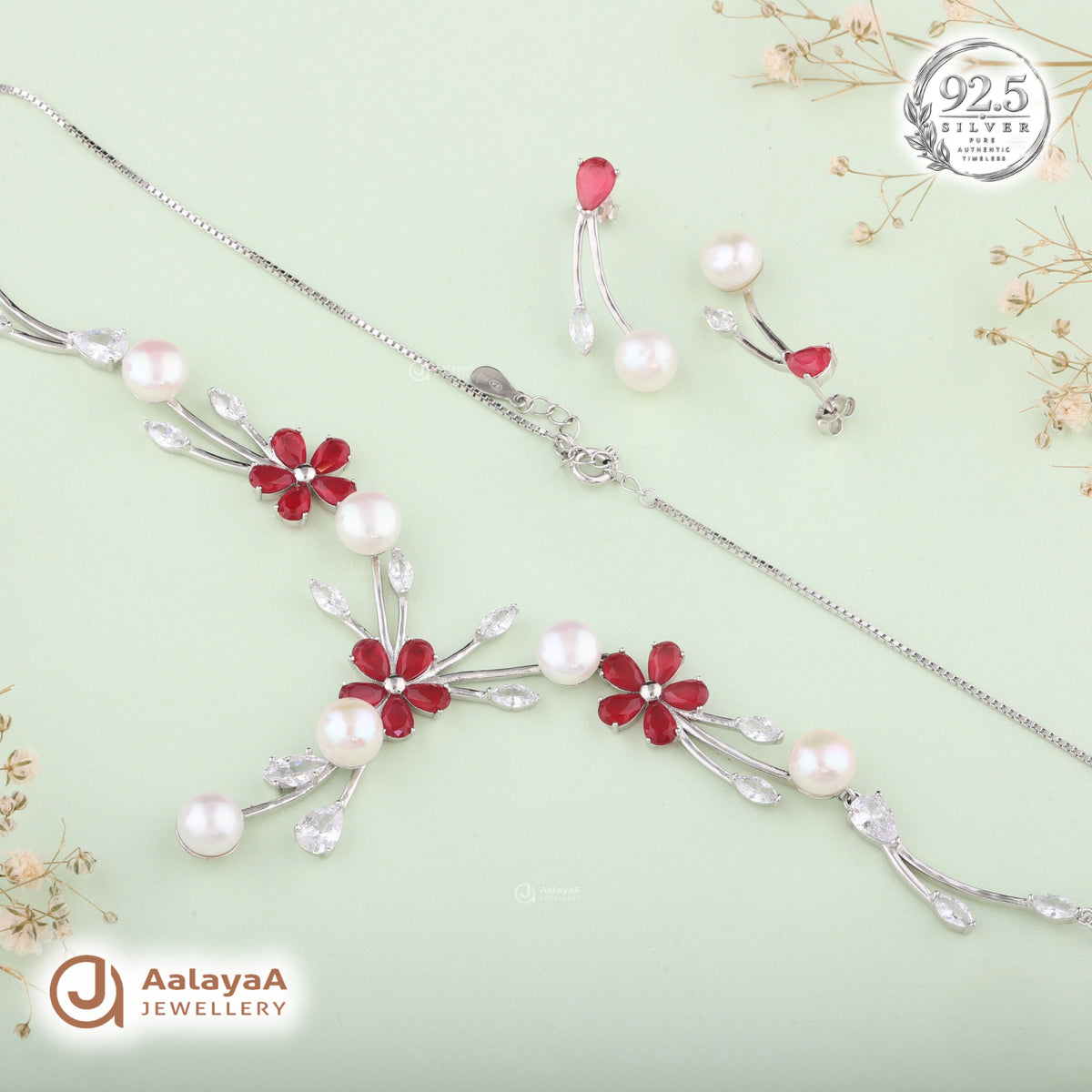 Silver Crimson Pearl Garden Necklace Set