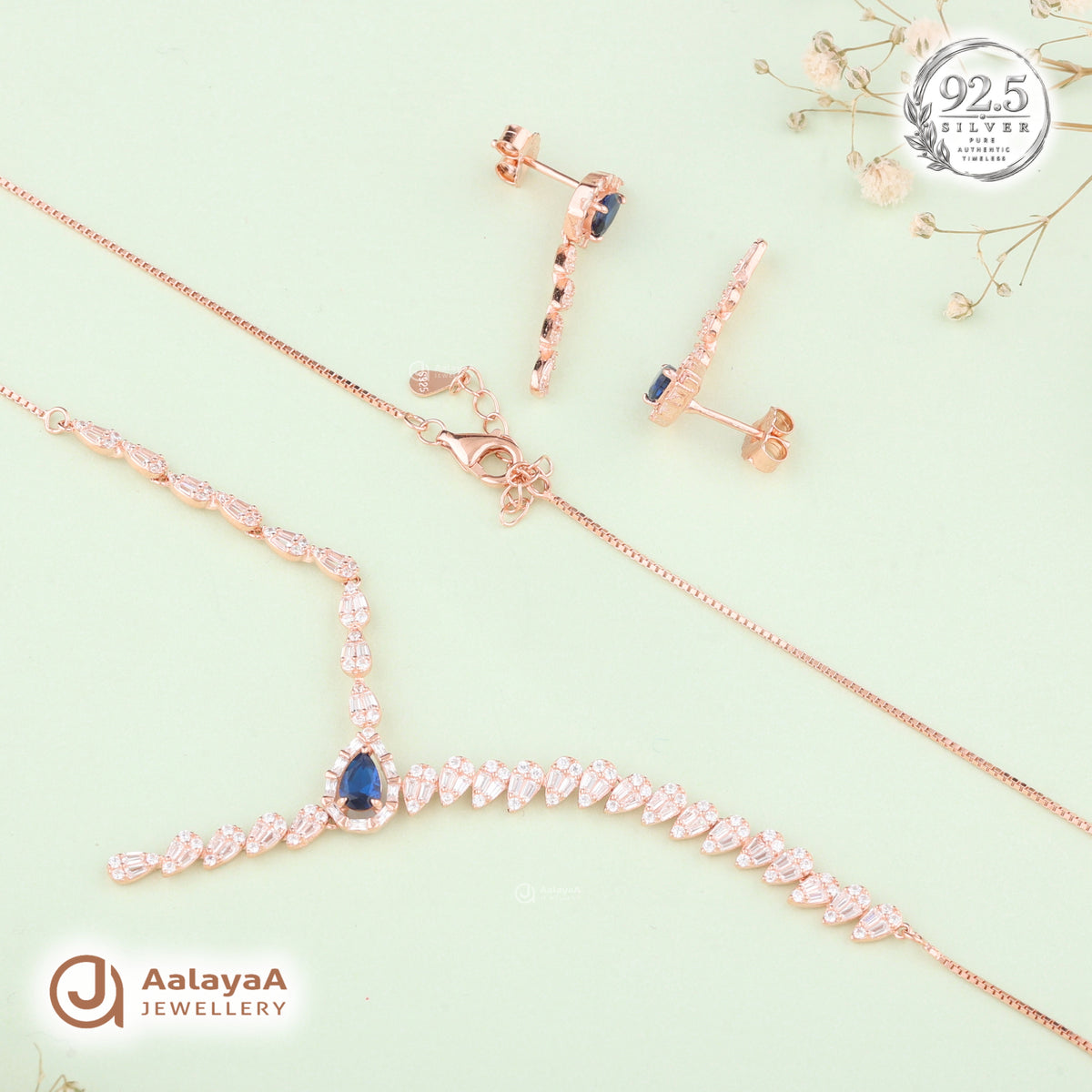 Silver Rose Gold Sapphire Elegance Necklace Set