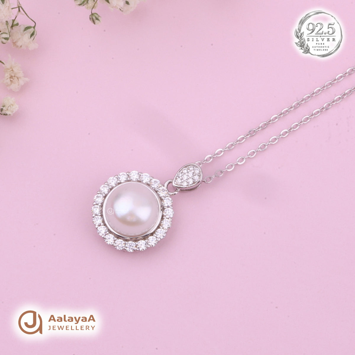 Silver Pearl Halo Drop Chain Pendant
