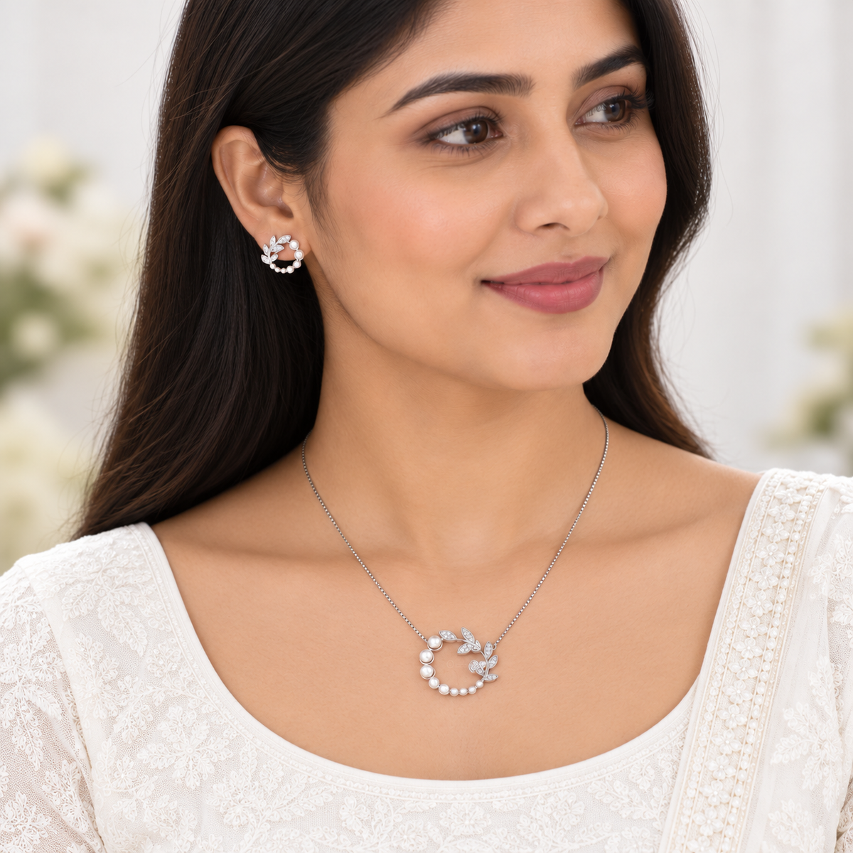 Silver Pearl Laurel Necklace Set