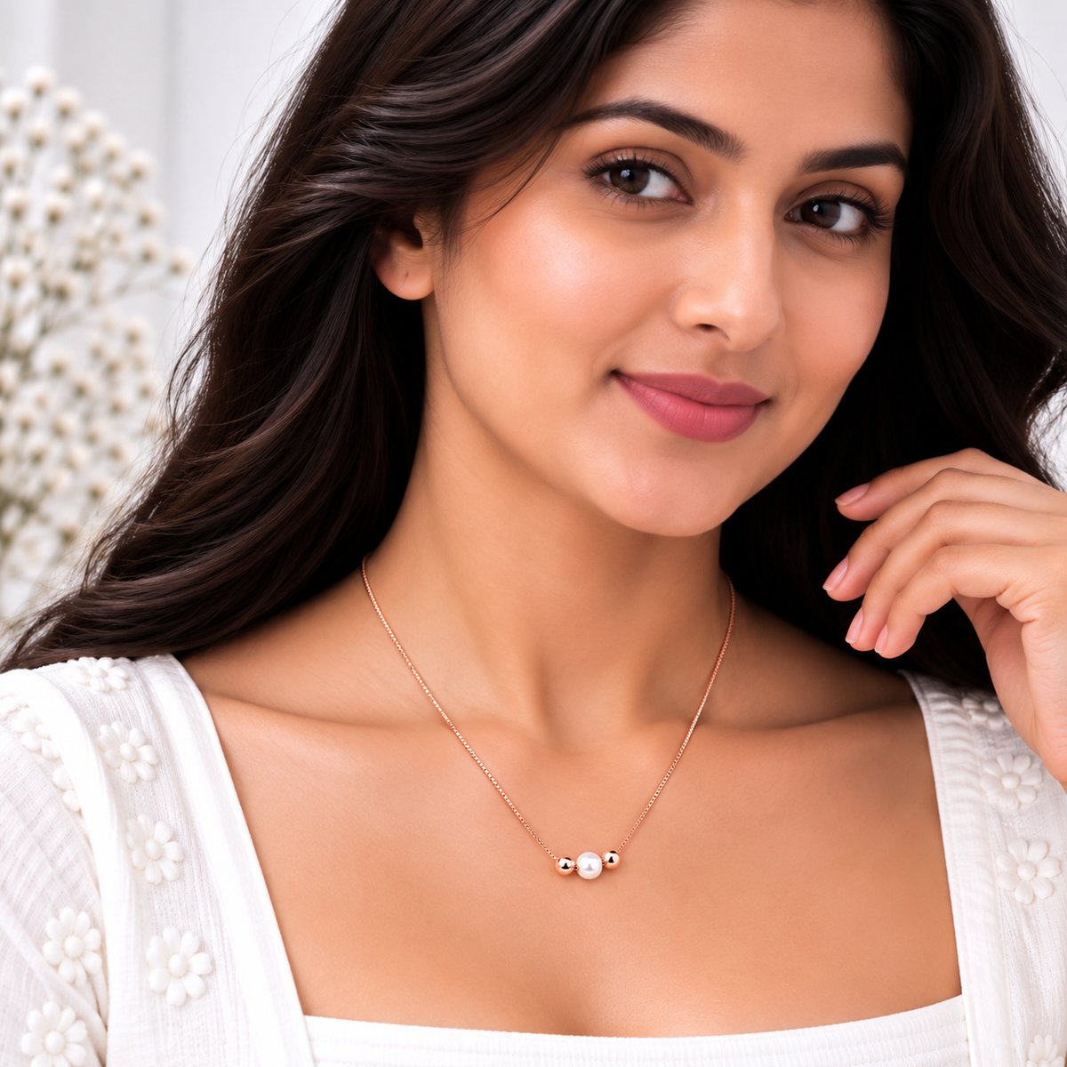 Silver Rosegold Pearl Drop Chain Pendant