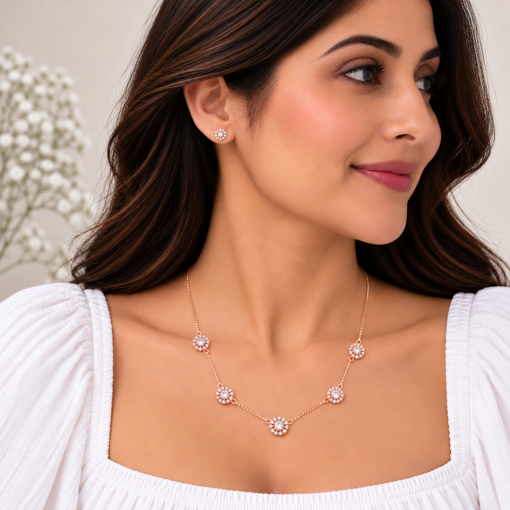 Silver RoseGold Elysia Halo Necklace Set