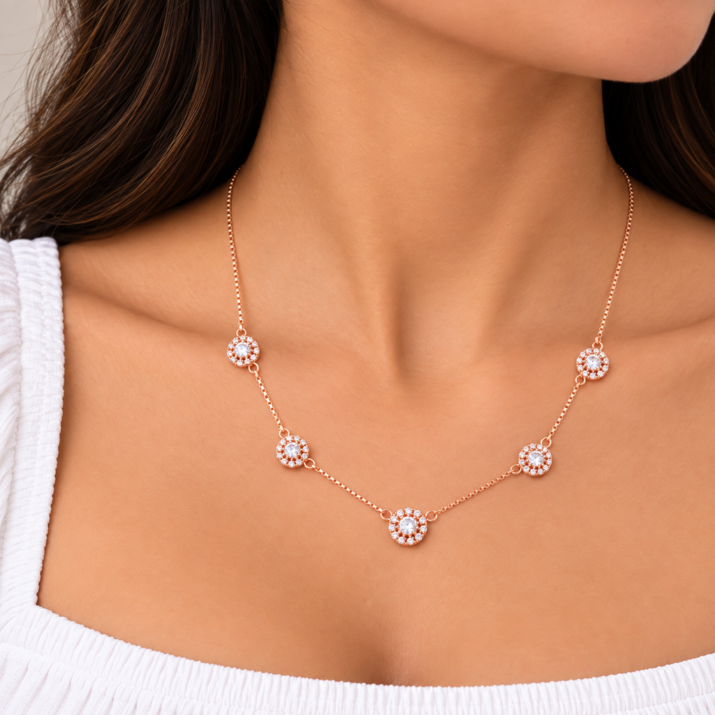 Silver RoseGold Elysia Halo Necklace Set