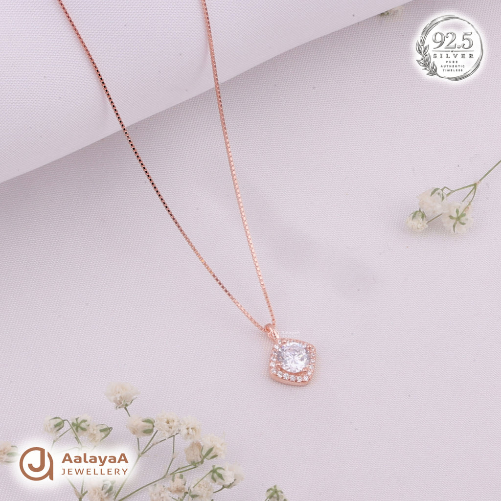 Silver RoseGold Solitaire Halo Chain Pendant
