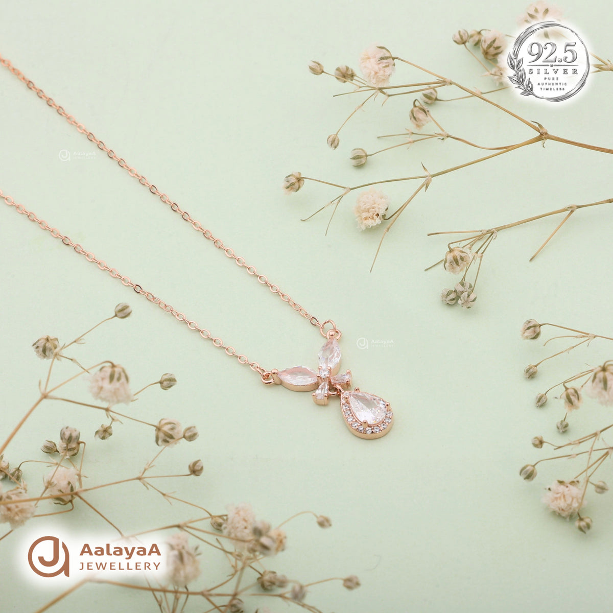 Silver Rosegold Crystal Petal Drop Chain Pendant