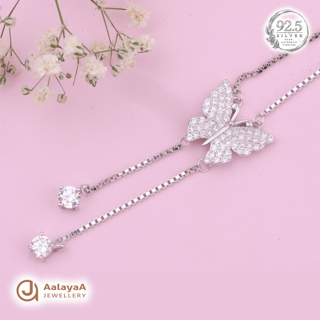 Silver Sparkling Butterfly Drop Chain Pendant