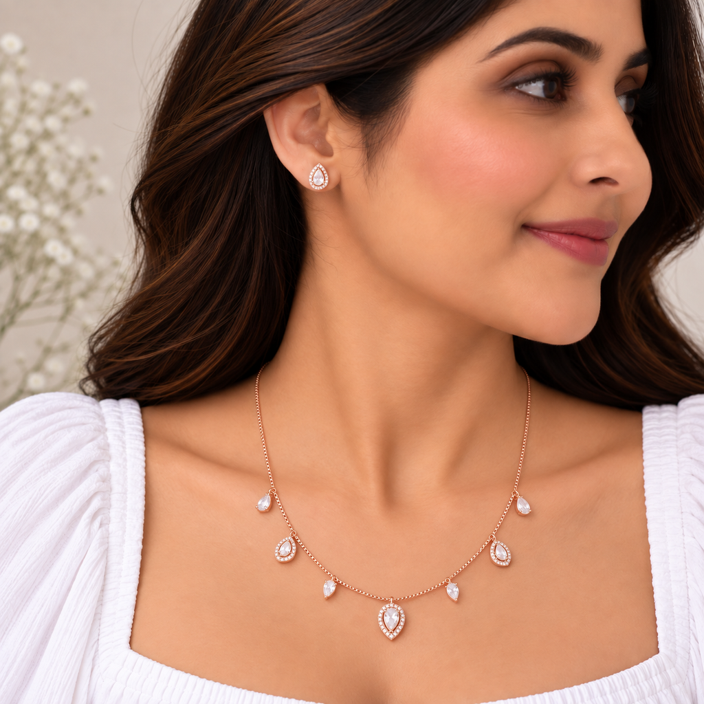 Silver RoseGold Evana Teardrop Necklace Set
