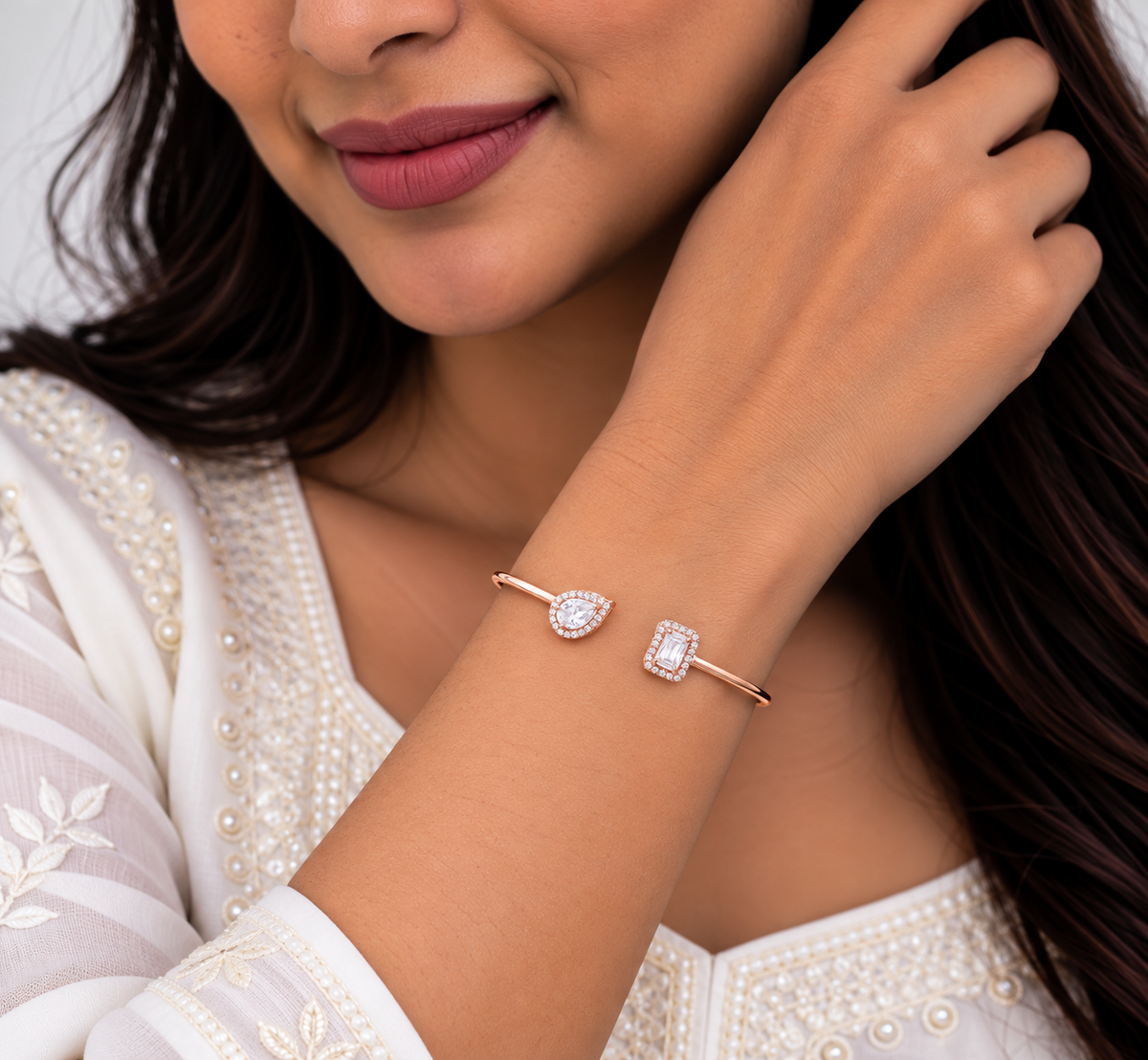 Silver Rosegold Pear Emerald Duo Kada
