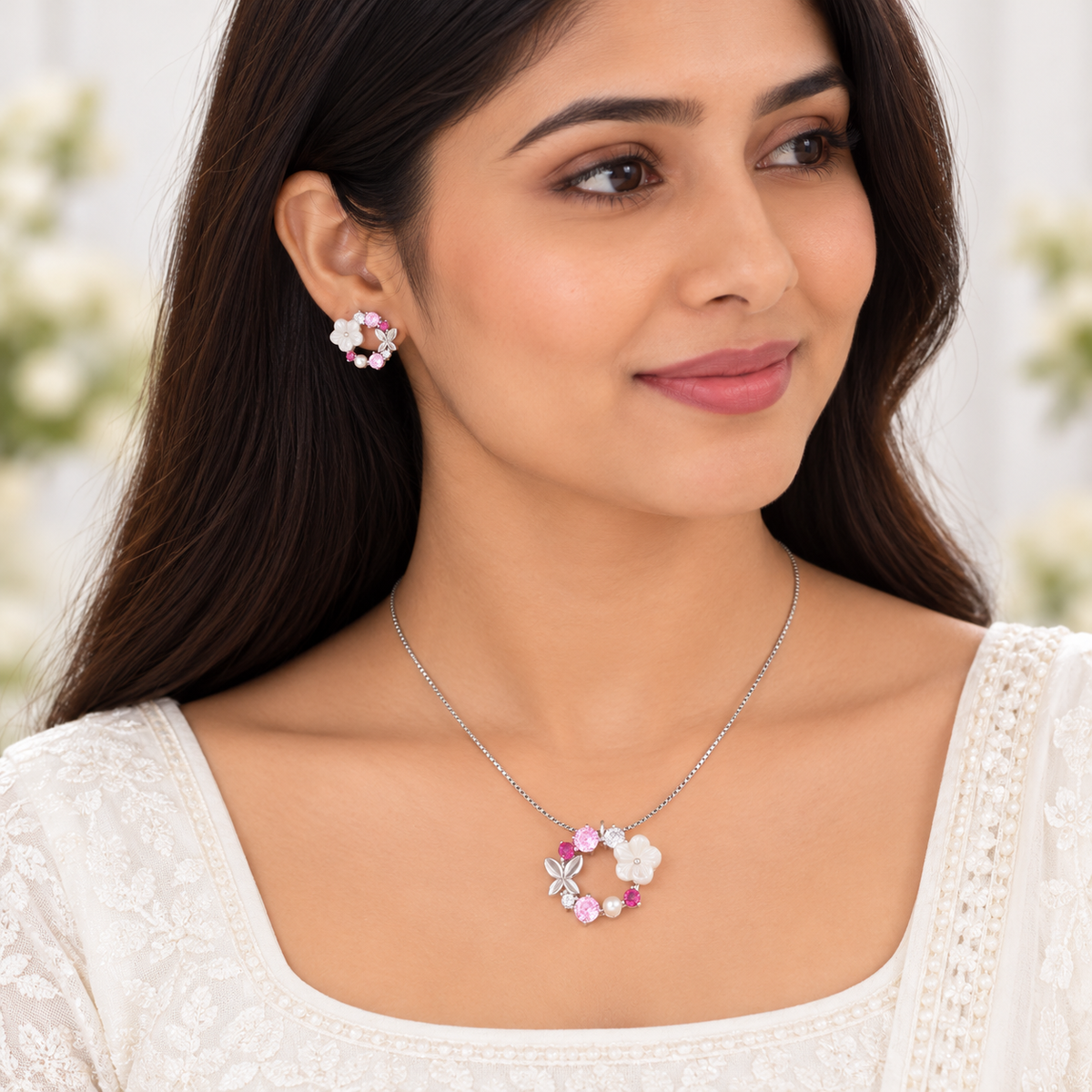 Silver Blush Blossom Necklace Set