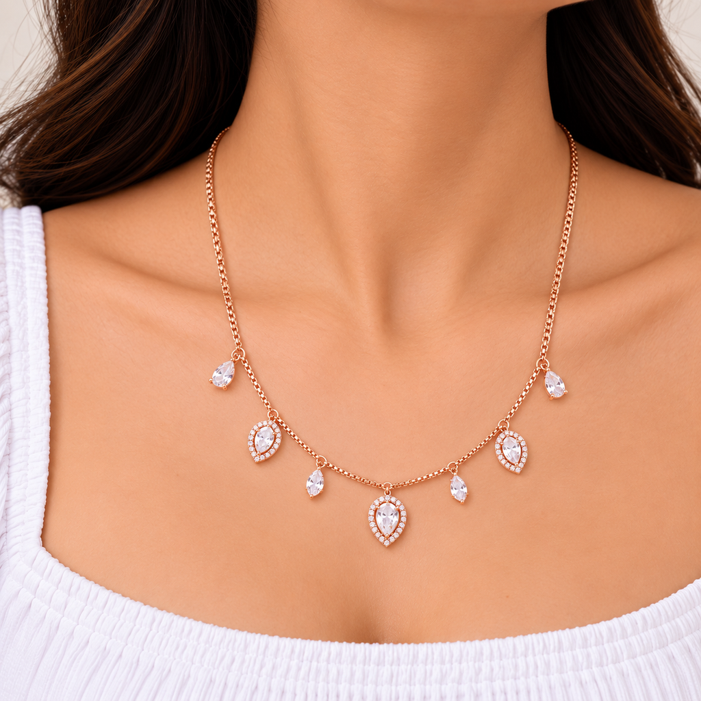 Silver RoseGold Evana Teardrop Necklace Set