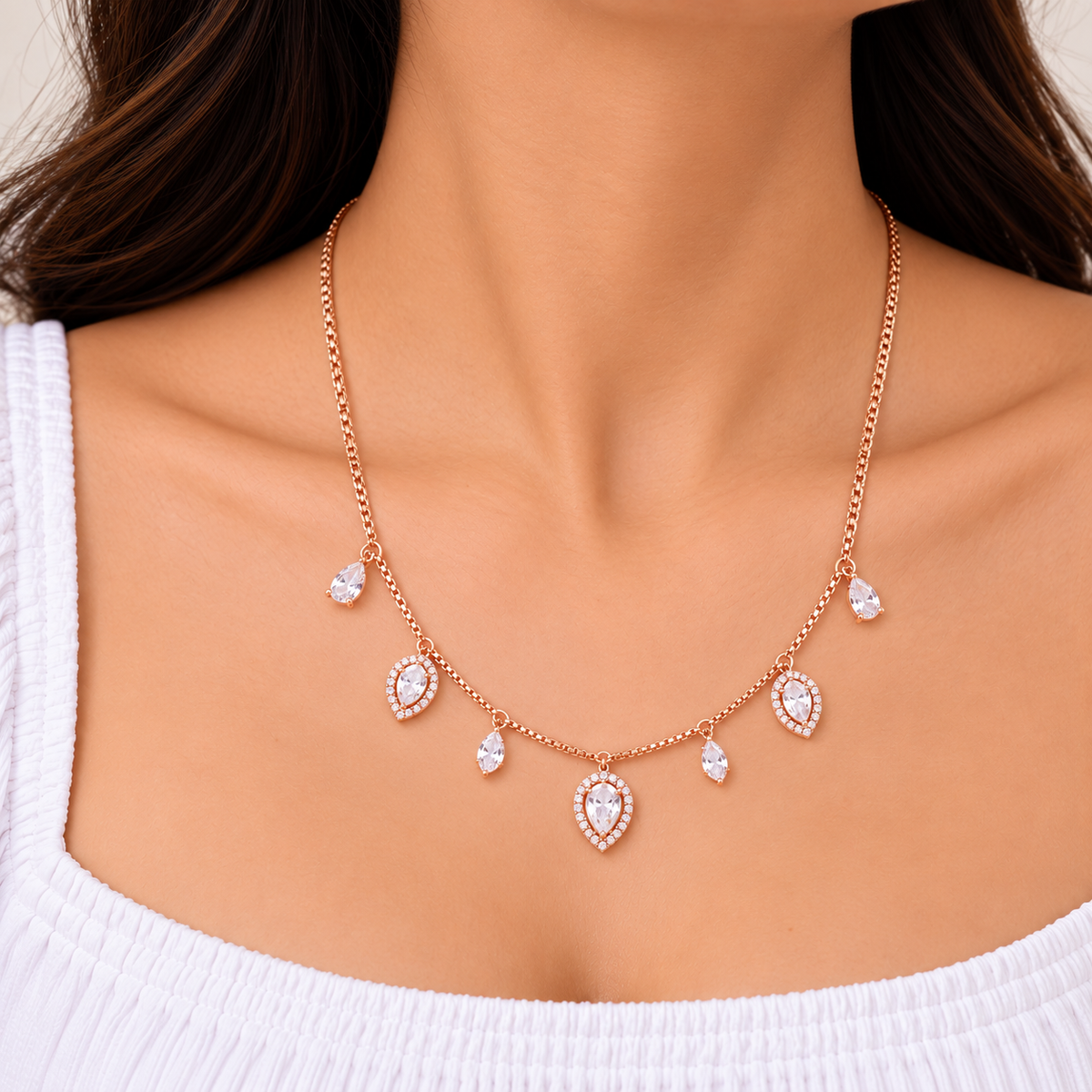 Silver RoseGold Evana Teardrop Necklace Set