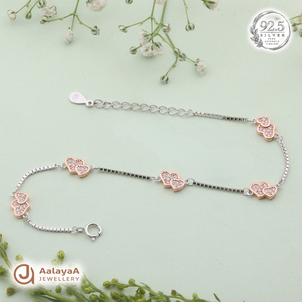 Silver Rosegold Twin Heart Bracelet