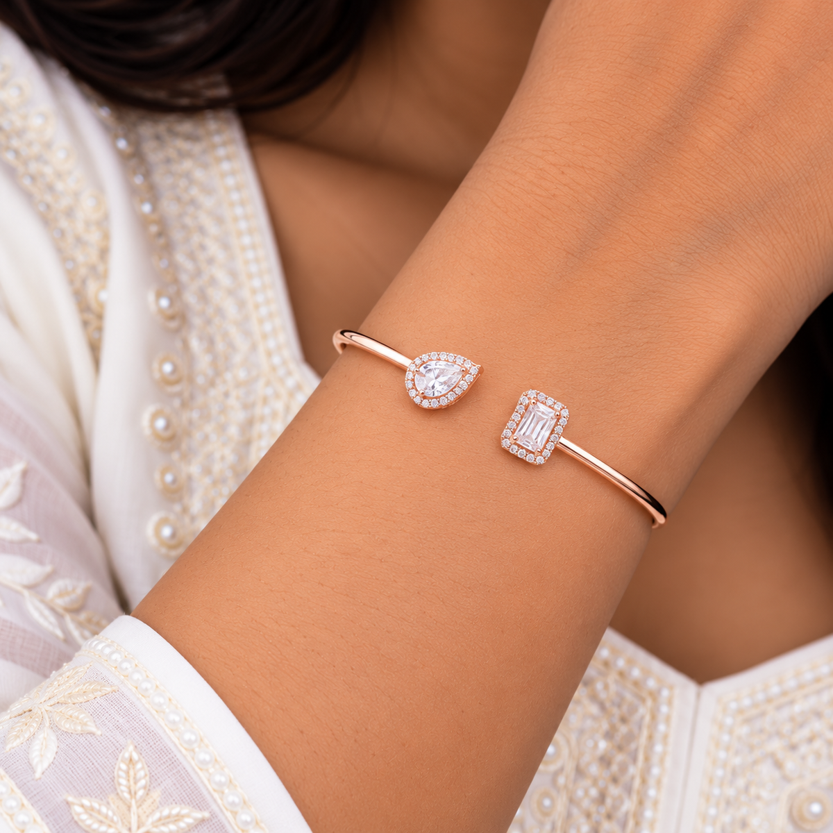 Silver Rosegold Pear Emerald Duo Kada