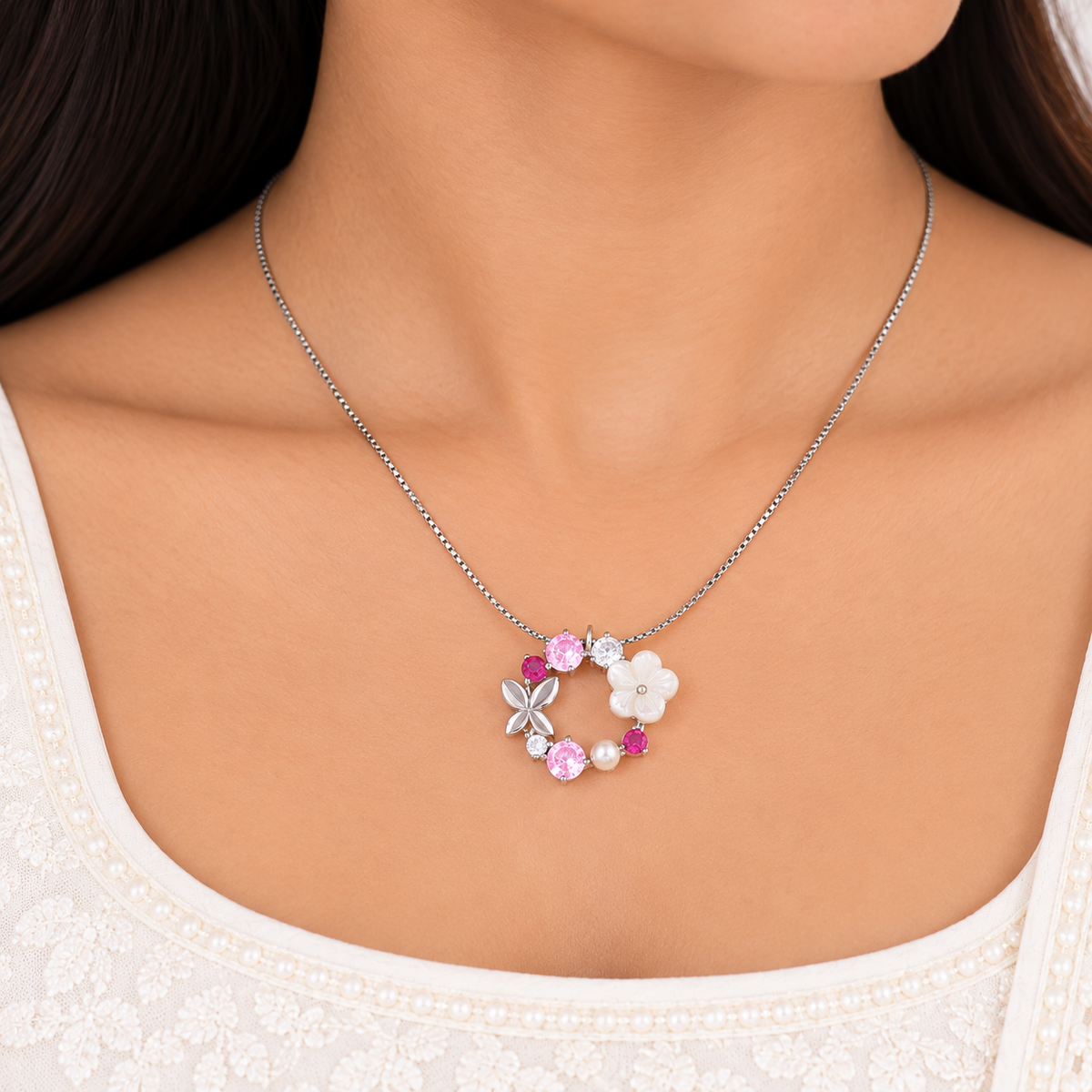 Silver Blush Blossom Necklace Set