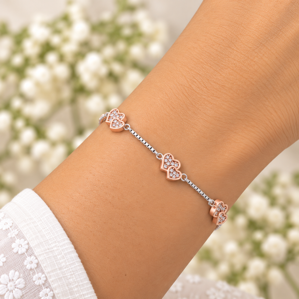 Silver Rosegold Twin Heart Bracelet