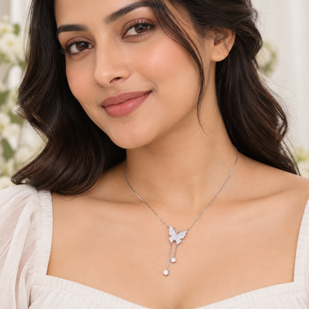 Silver Sparkling Butterfly Drop Chain Pendant