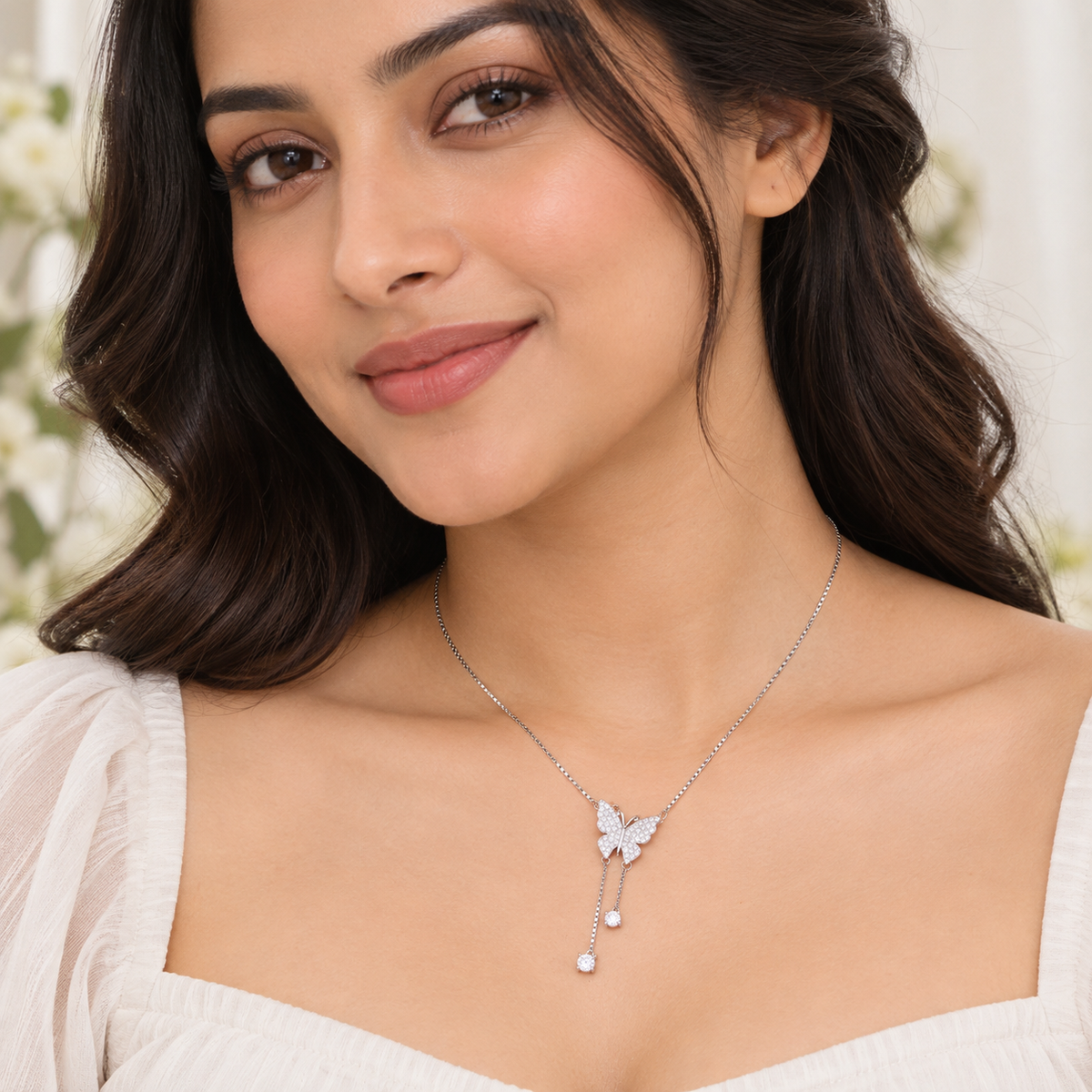 Silver Sparkling Butterfly Drop Chain Pendant