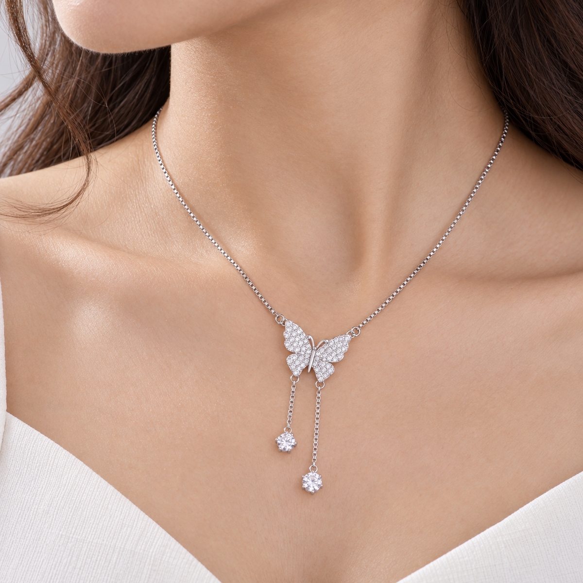 Silver Sparkling Butterfly Drop Chain Pendant