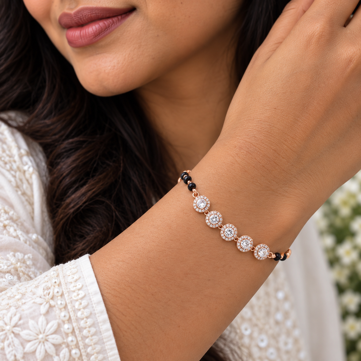 Silver Rosegold Black Bead Halo Bracelet
