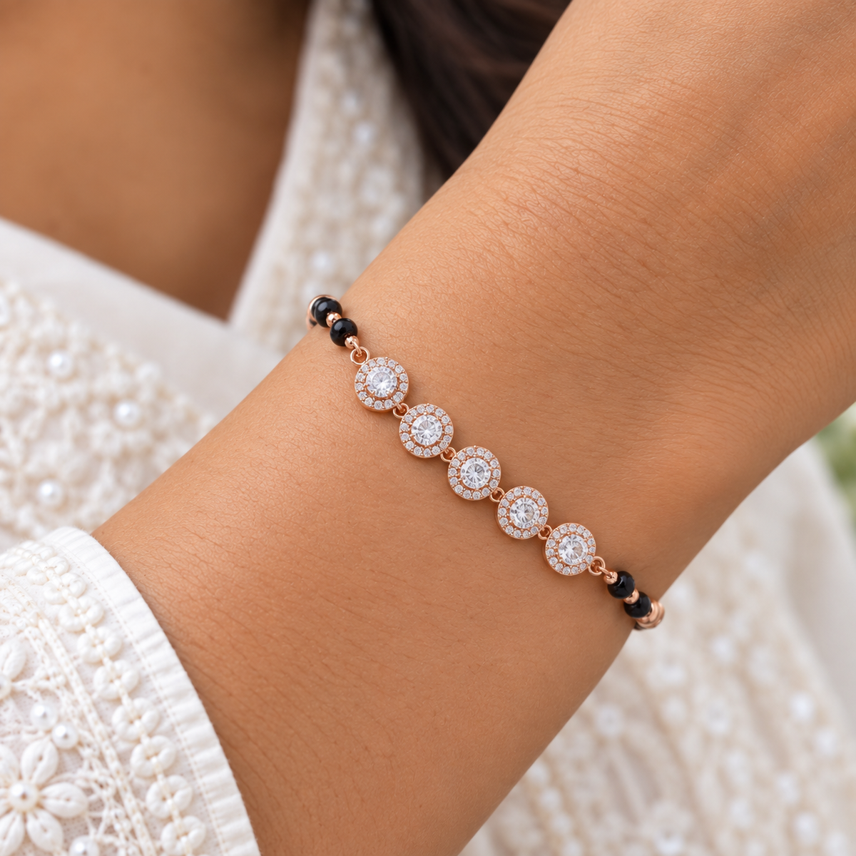 Silver Rosegold Black Bead Halo Bracelet