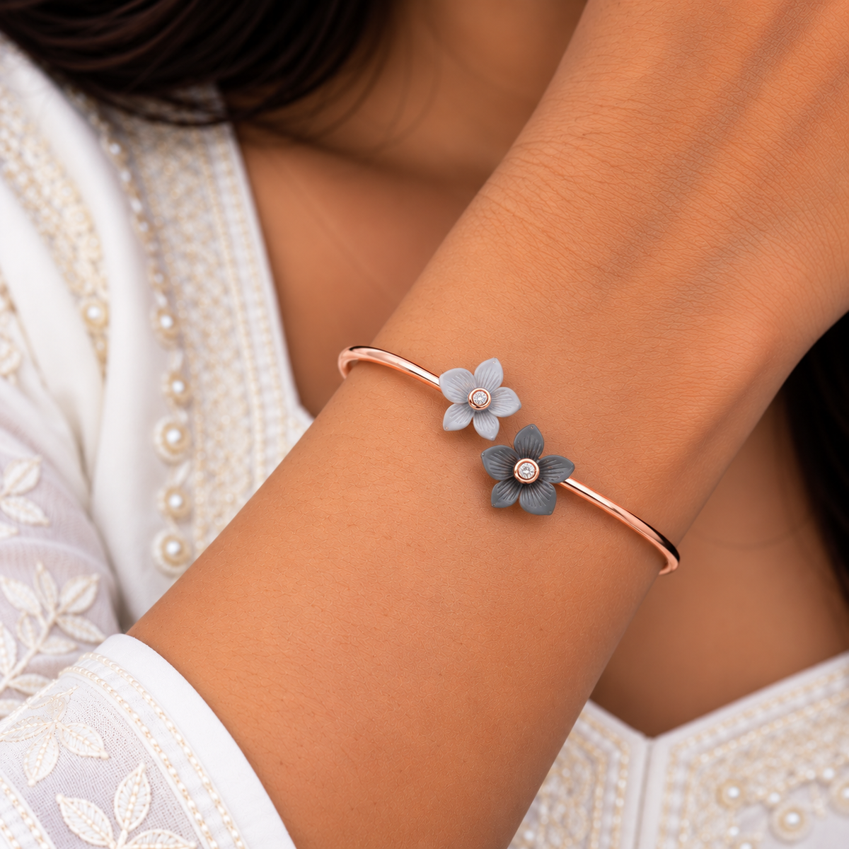 Silver Rosegold Midnight Bloom Kada