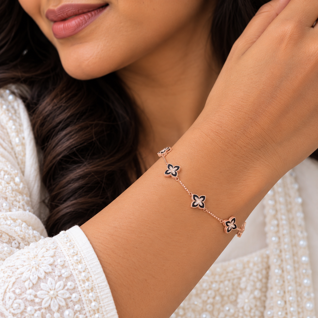 Silver Rosegold Black Clover Charm Bracelet