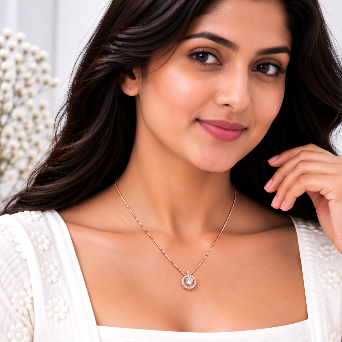 Silver Rosegold Halo Solitaire Chain Pendant