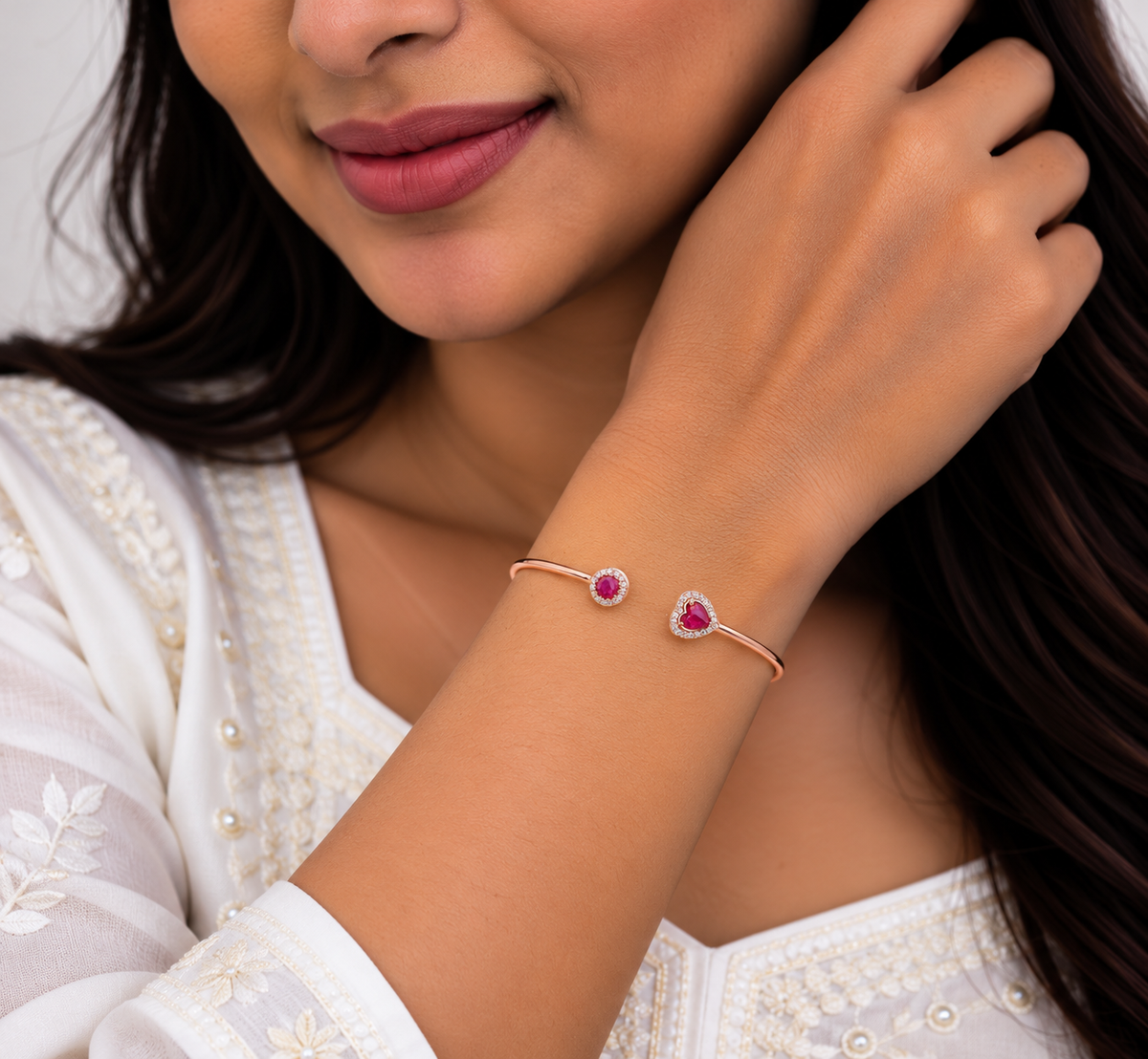 Silver Rosegold Ruby Heart Kada