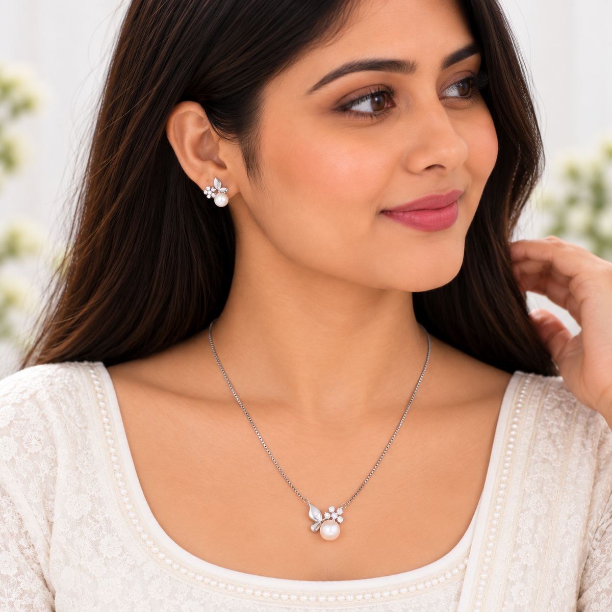 Silver Pearl Petal Necklace Set