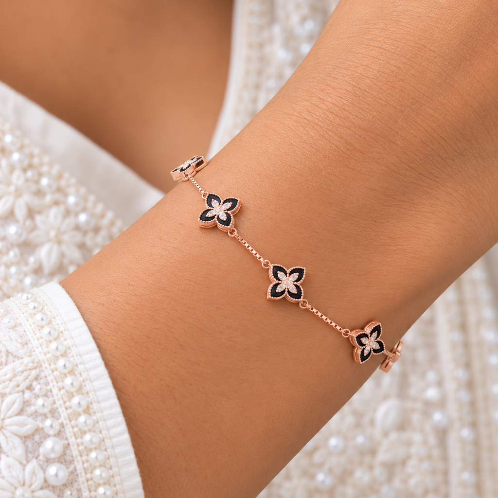 Silver Rosegold Black Clover Charm Bracelet