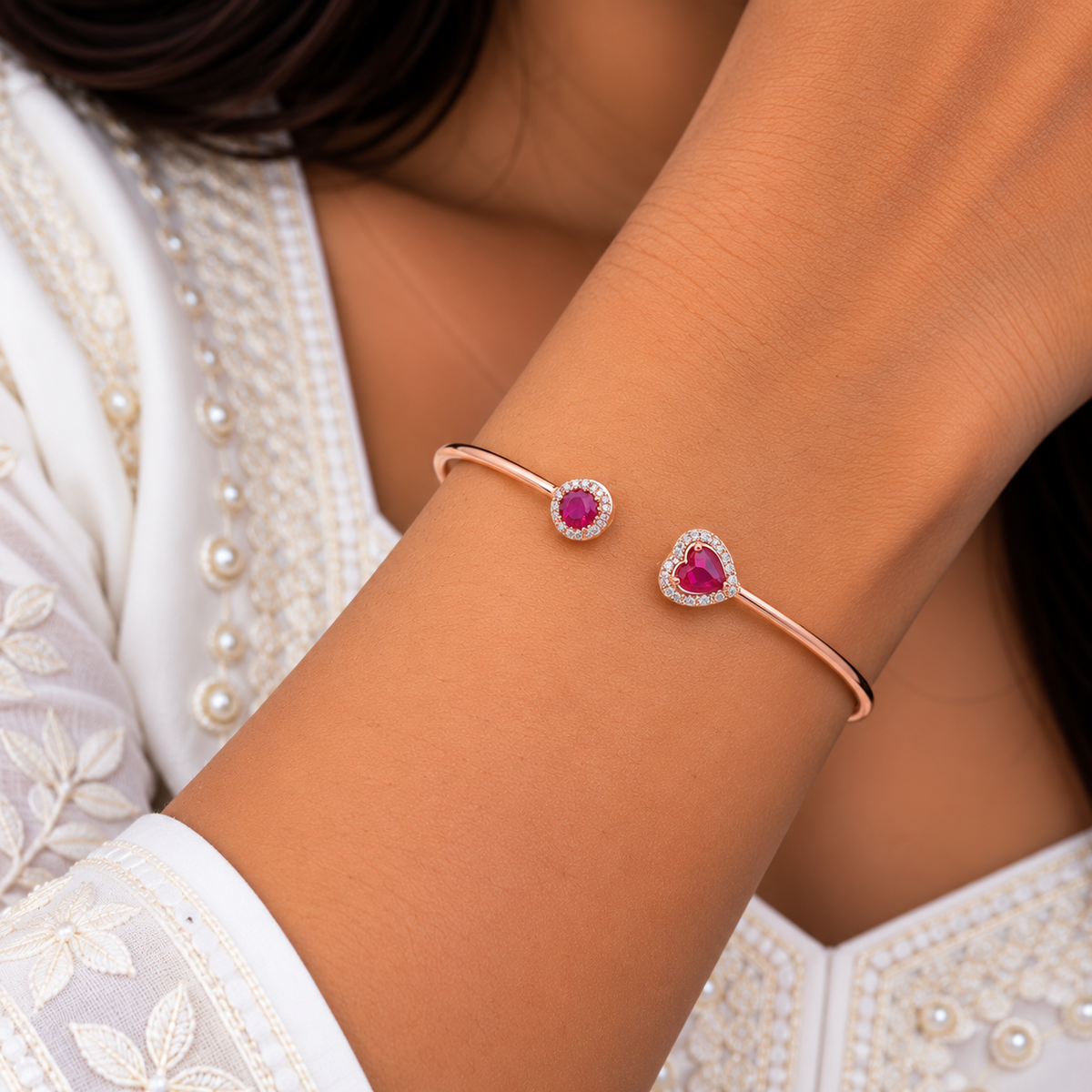 Silver Rosegold Ruby Heart Kada