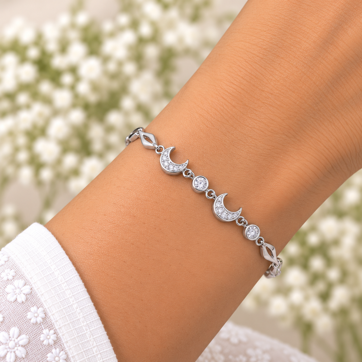 Silver Crystal Crescent Moon Bracelet