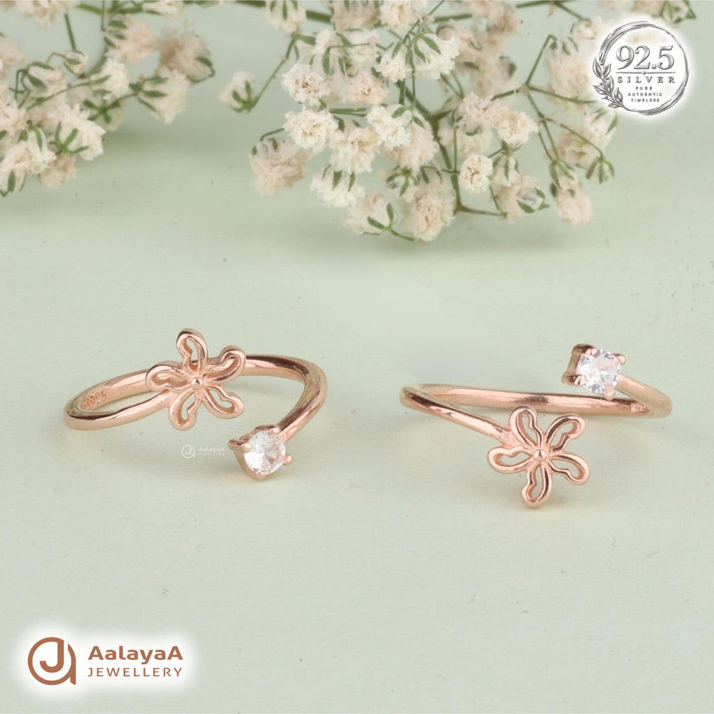 Silver RoseGold Floral Sparkle Toe Ring