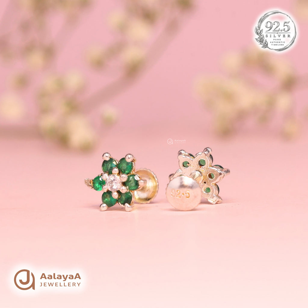 Silver Emerald Flower Earring
