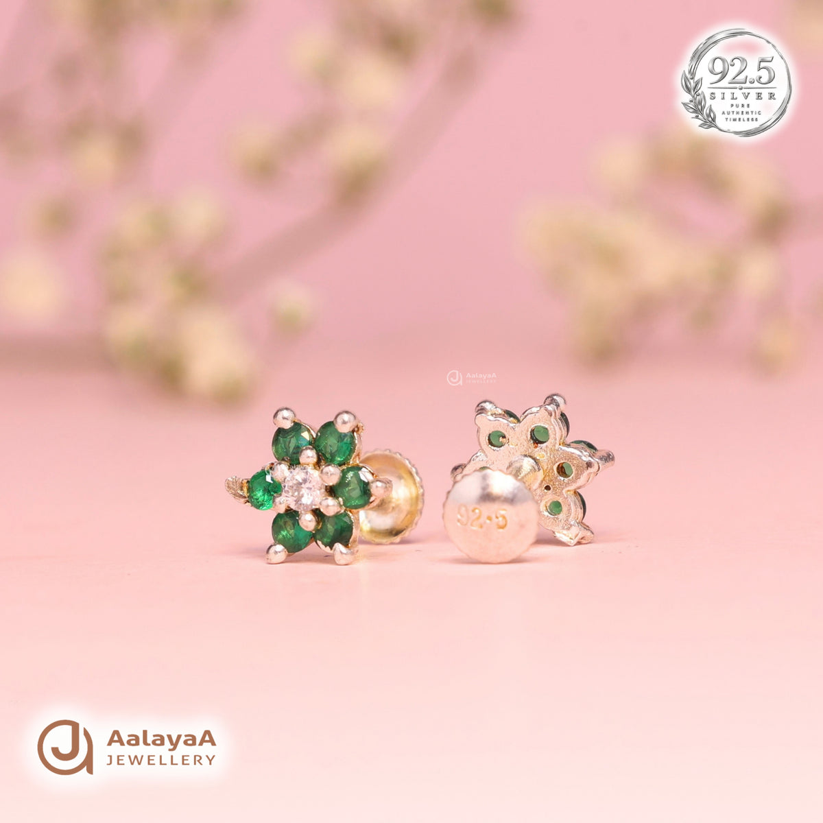 Silver Emerald Flower Earring