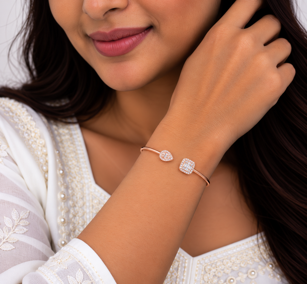 Silver Rosegold Pear Square Crystal Kada