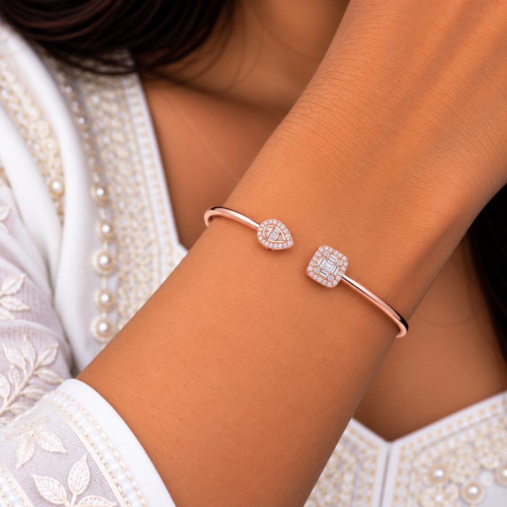 Silver Rosegold Pear Square Crystal Kada