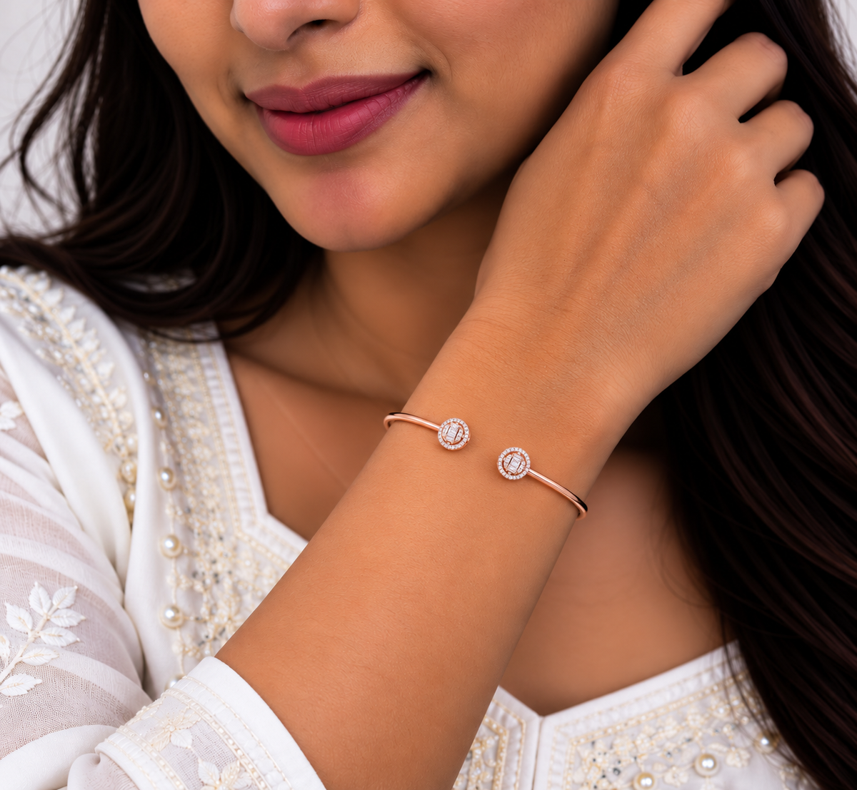 Silver Rosegold Twin Circle Crystal Kada