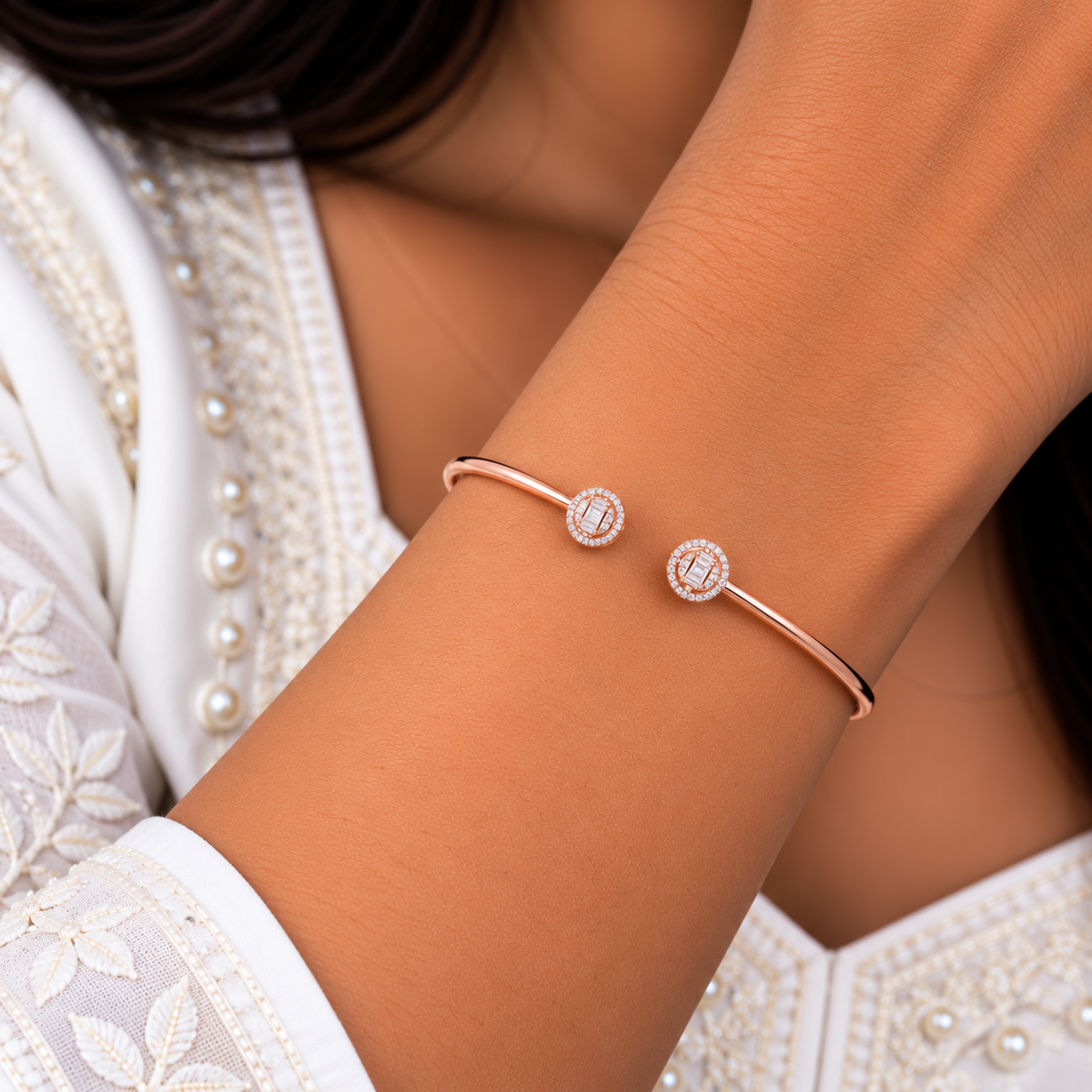 Silver Rosegold Twin Circle Crystal Kada