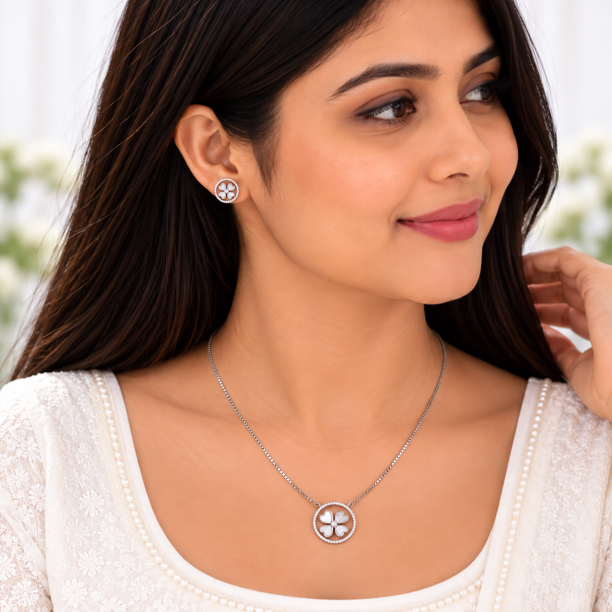 Silver Clover Charm Necklace Set