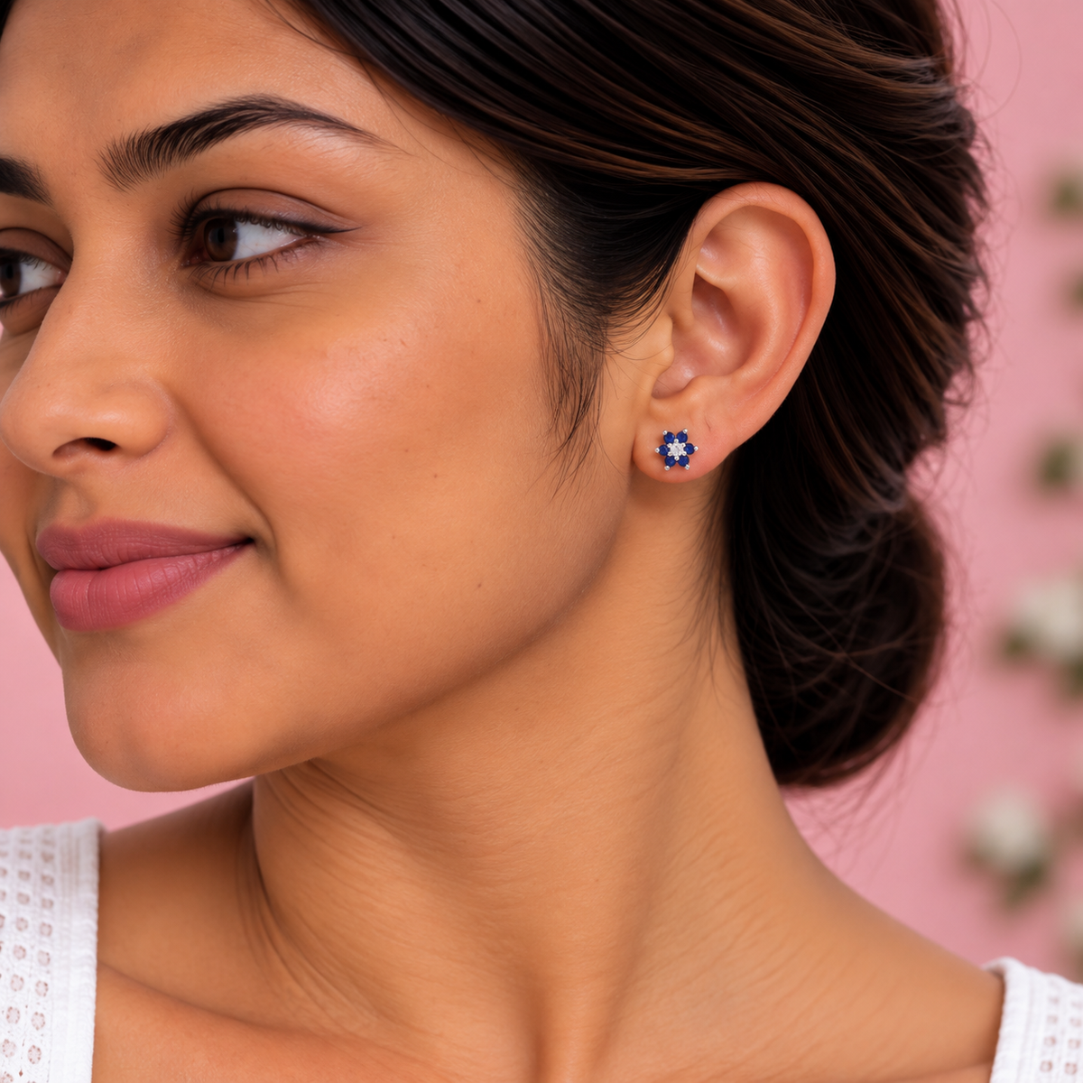 Silver Sapphire Flower Earring